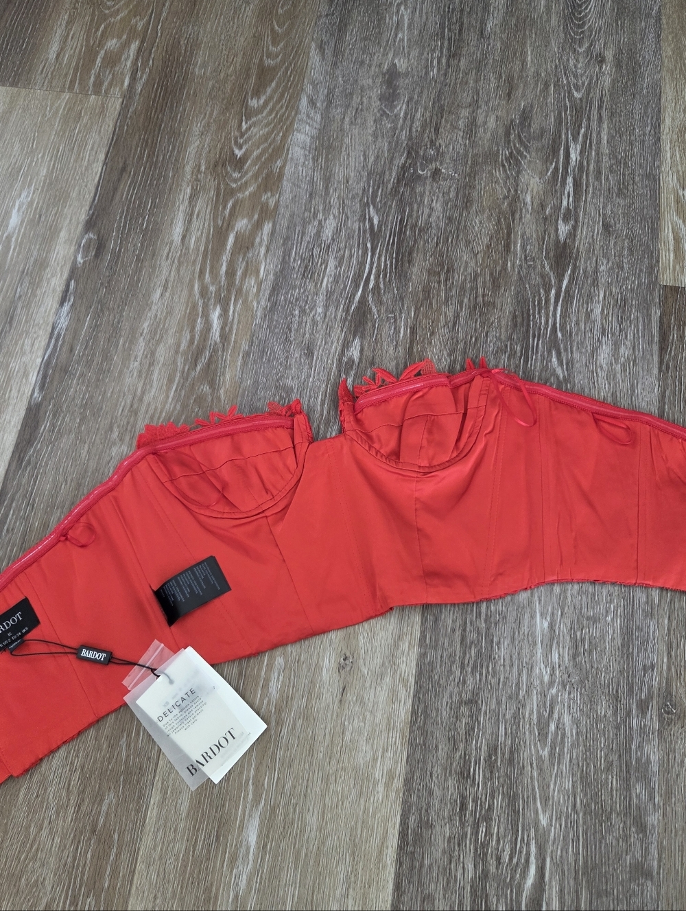 Bardot Revolve Brias Bustier NWT Fire Red Strapless Lined Embroidered lace Crop - Picture 9 of 16